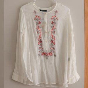 Max Studio Sheer White Cotton Floral Embroidered Button Top